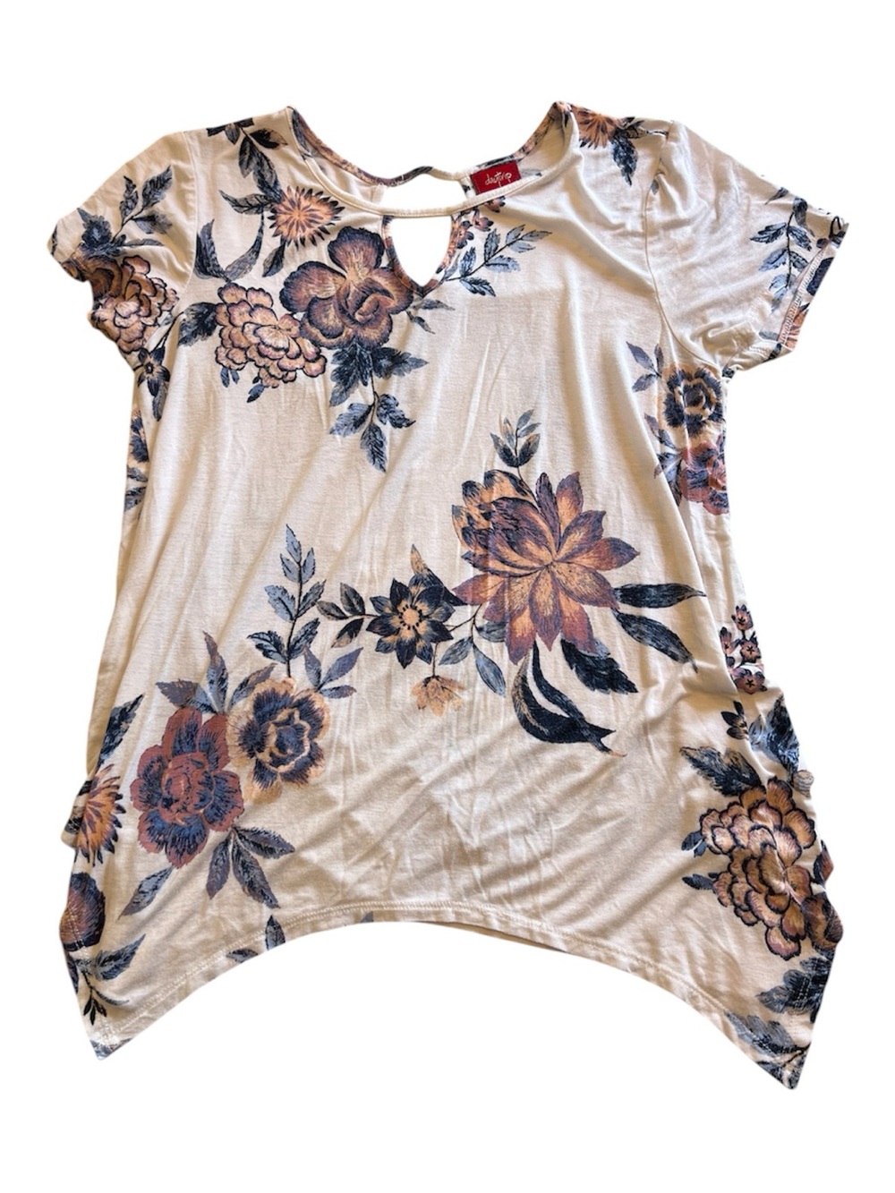 Daytrip Cream Short Sleeve Top with Blue & Brown Floral Print Size Medium